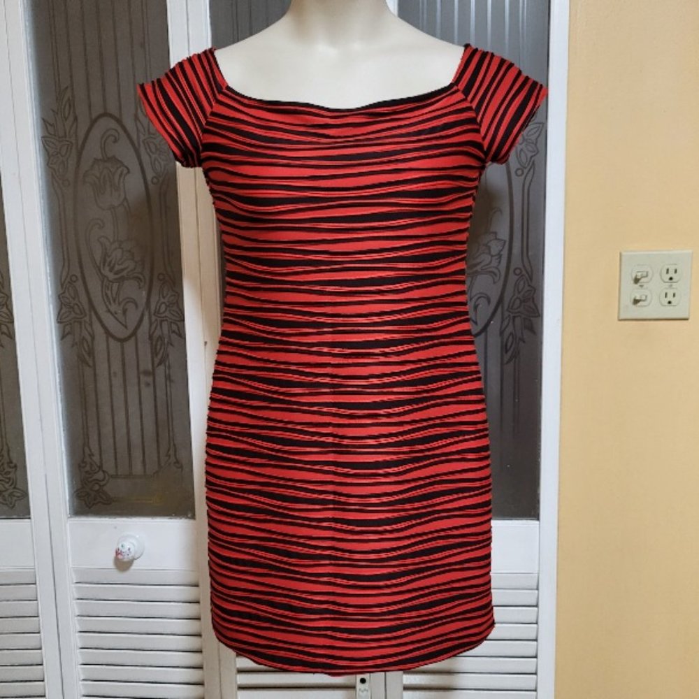 HOT GAL LADIES RED & BLACK STRIPE OFF THE SHOULDER DRESS